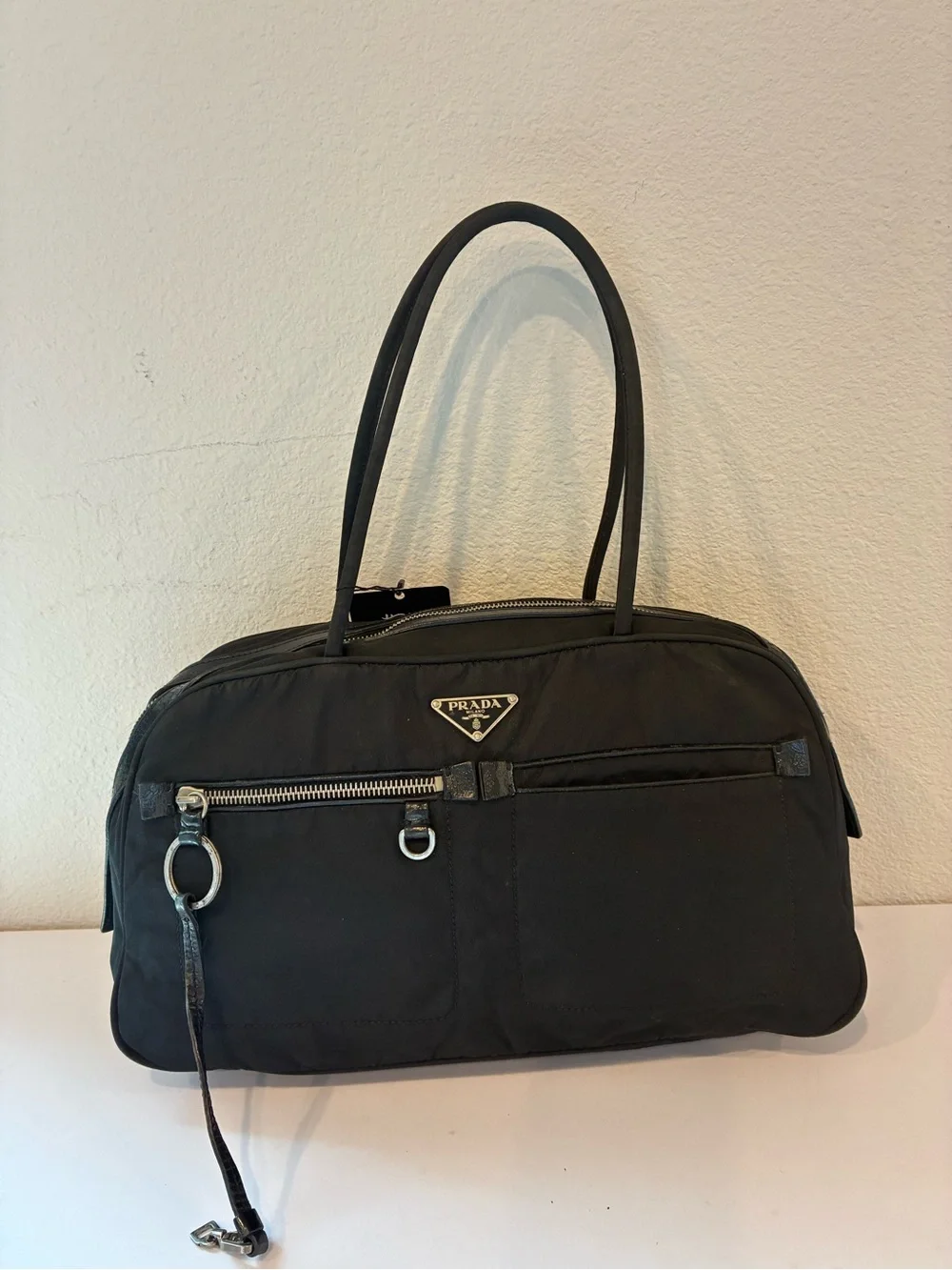 Prada Black Nylon Shoulder Tote with Silver Hardware